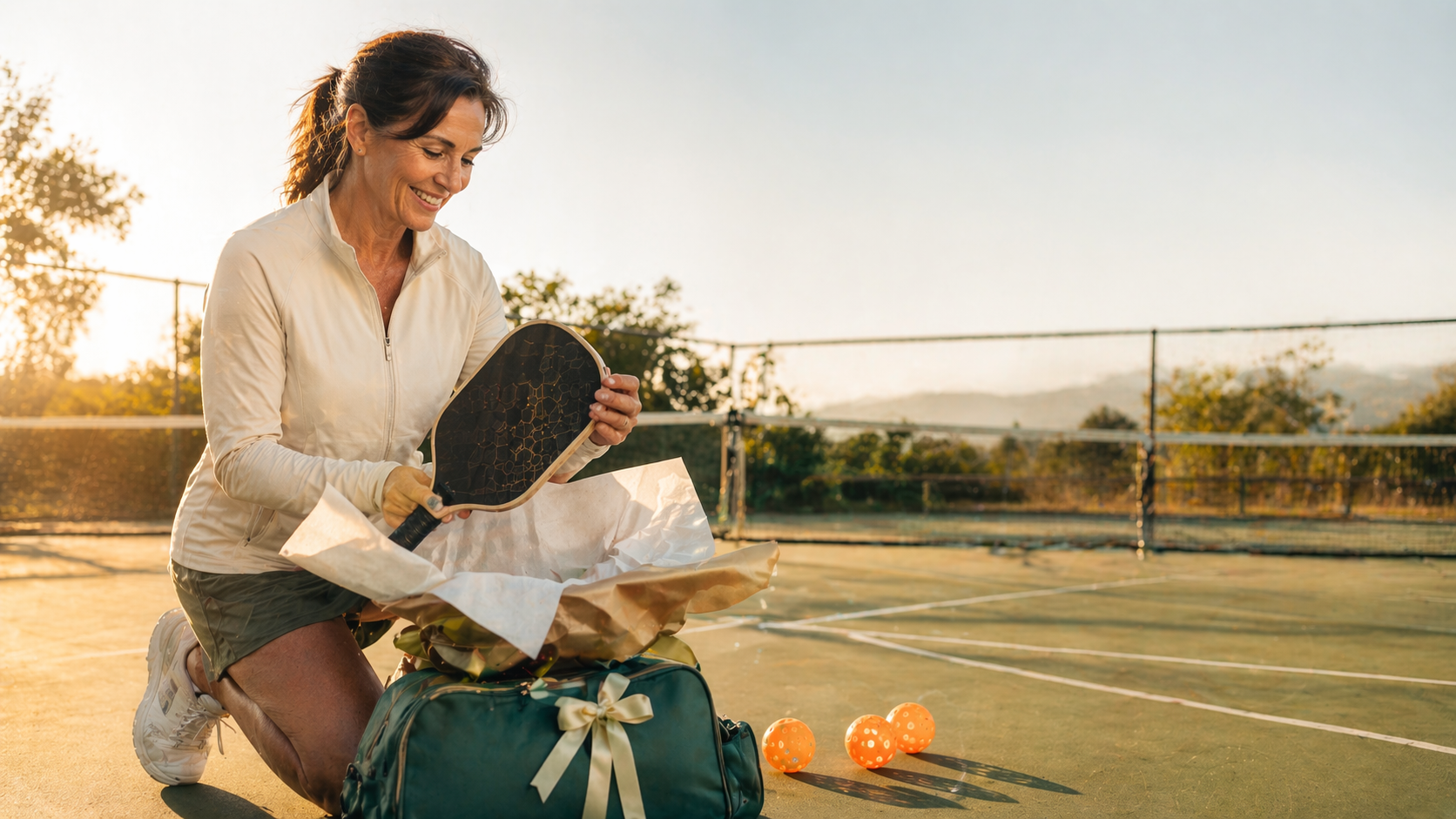 A woman smiling on a pickleball court holding a paddle, with a gift-wrapped pickleball bag beside her