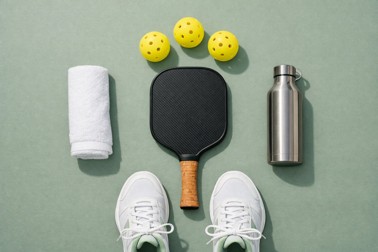 Overhead flat lay of a pickleball paddle, three outdoor balls, court shoes, a water bottle, and a towel on a sage green background