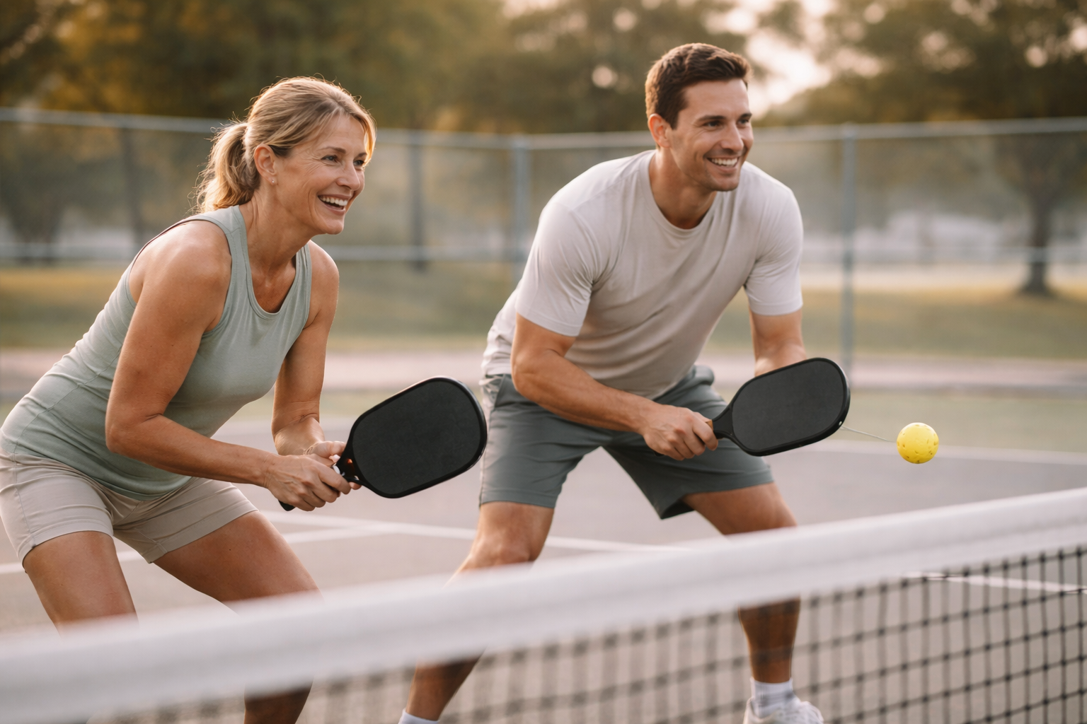 Two recreational players at the kitchen line on an outdoor pickleball court in morning light