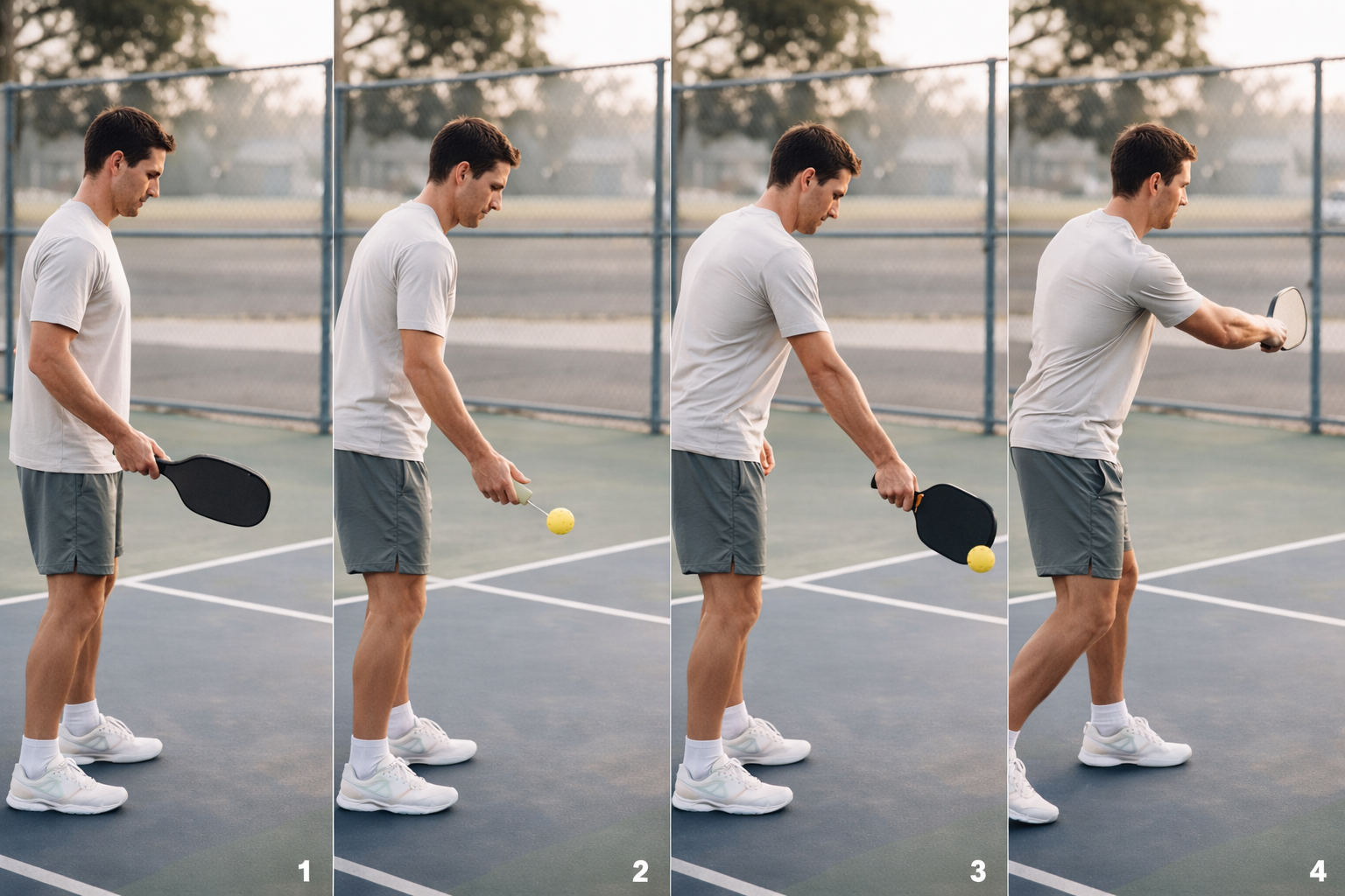 Four-frame sequence showing a pickleball underhand serve: setup, ball drop, underhand contact below the waist, and follow-through